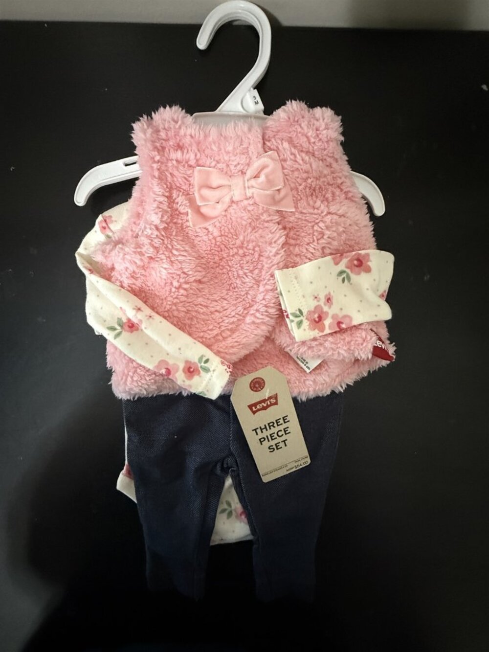 Levi's Baby 3 Piece Outfit Set Pants Floral Shirt Fuzzy Pink Vest 3 Month
